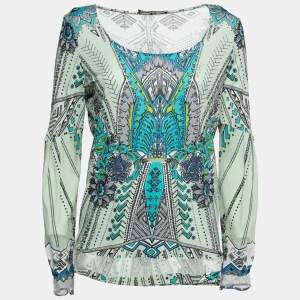 Pre Owned Roberto Cavalli Multicolor Printed Jersey Lace Trimmed Top M