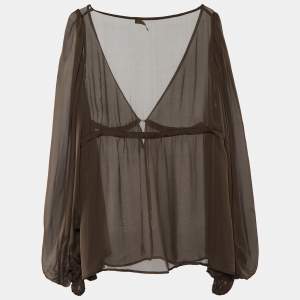 Pre Owned Roberto Cavalli Brown Silk Bell Sleeve Top L