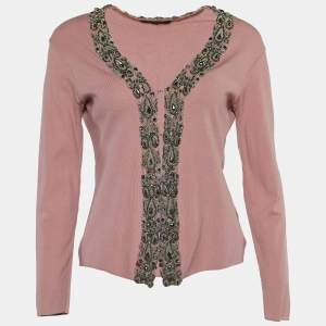 Roberto Cavalli Dusty Pink Crystal Embellished Cardigan L