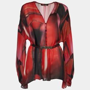 Pre Owned Roberto Cavalli Red Abstract Print Silk Embellished Detail Blouse L