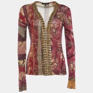 Roberto Cavalli Pink Multi Stripe Print Knit Embellished Cardigan M