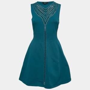 Pre Owned Roberto Cavalli Teal Blue Knit Eyelet Stud Embellished Sleeveless Dress M