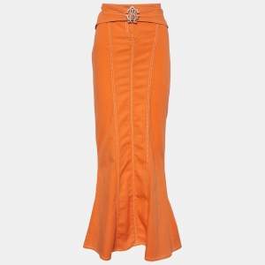 Pre Owned Roberto Cavalli Orange Denim Waist Belt Detail Maxi Skirt M