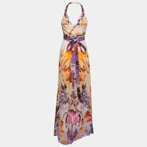 Roberto Cavalli Multicolor Floral Printed Silk Halterneck Wrap Maxi Dress M