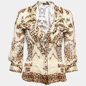 Pre Owned Roberto Cavalli Beige & Brown Animal Printed Silk Ruffled Top M