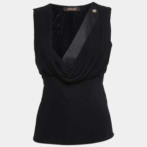Roberto Cavalli Black Jersey Satin Trimmed Draped V-Neck Top M