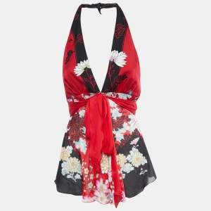Pre Owned Roberto Cavalli Black & Red Floral Printed Silk Halter Top S