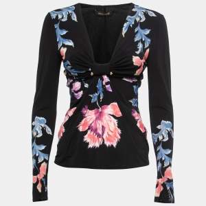 Pre Owned Roberto Cavalli Black Floral Printed Jersey Knot Detail Top M