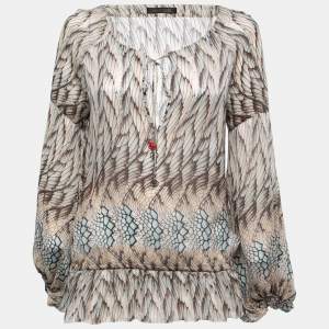 Pre Owned Roberto Cavalli Brown Printed Silk Tie Front Blouse S
