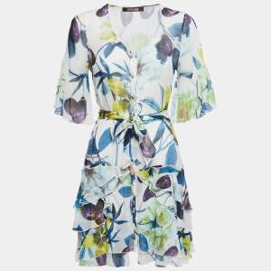 Roberto Cavalli Multicolor Floral Print Silk Ruffle Belted Dress S