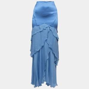 Roberto Cavalli Light Blue Silk Satin Ruffle Detail Maxi Skirt M