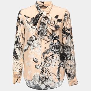 Pre Owned Roberto Cavalli Peach Floral Bird Print Silk Tie Neck Blouse S