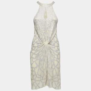 Pre Owned Roberto Cavalli Beige Sequin-Embellished Silk Halter Neck Dress S