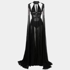 Roberto Cavalli Black Silk Chiffon Harness Maxi Dress S