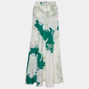 Pre Owned Roberto Cavalli Cream & Green Floral Print Silk Maxi Skirt M