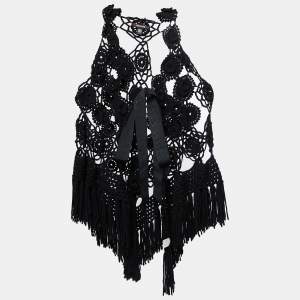 Roberto Cavalli Black Wool Crochet Tie Front Sleeveless Vest One Size