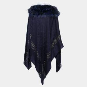 Roberto Cavalli Blue Wool Fur Trimmed Collared Poncho One Size