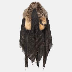 Roberto Cavalli Brown Wool Fur Trimmed Collared Cape One Size