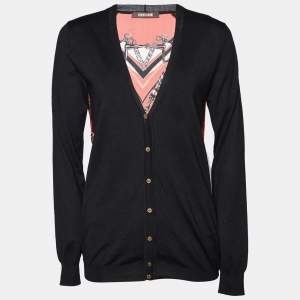Roberto Cavalli Black Wool Knit & Printed Silk Cardigan S