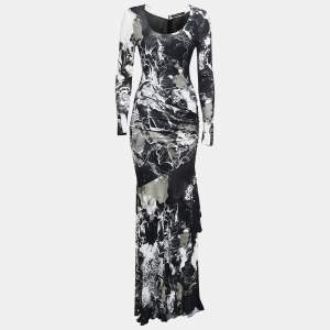 Roberto Cavalli Black Abstract Printed Jersey Ruched Maxi Dress M
