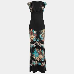 Roberto Cavalli Black Floral Printed Jersey Maxi Dress M
