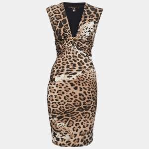 Pre Owned Roberto Cavalli Brown Animal Printed Jersey Ruched Bodycon Dress S