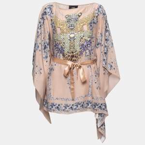Pre Owned Roberto Cavalli Beige Jeweled Printed Silk Kaftan Top L