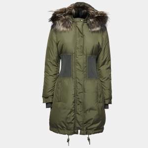 Roberto Cavalli Military Green Synthetic and Fur Trimmed Hooded Paded Coat M