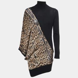 Roberto Cavalli Black Python Print Silk and Knit Turtleneck Asymmetrical Sweater Dress M