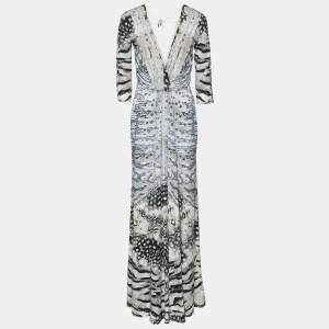 Pre Owned Roberto Cavalli Grey printed Jersey Lace Tie Detail Maxi Dress M