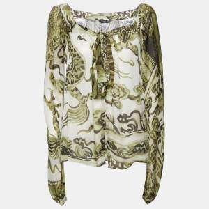 Roberto Cavalli Green Printed Silk Tie Detail Top M