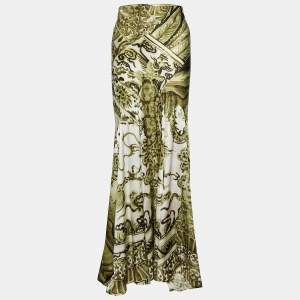 Pre Owned Roberto Cavalli Green Printed Satin Silk Flared Hem Maxi Skirt M