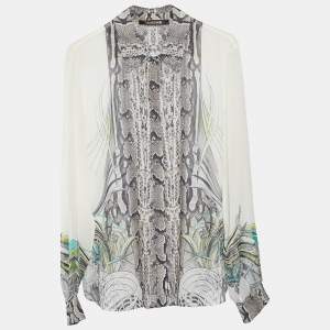 Pre Owned Roberto Cavalli Cream Python Printed Silk Button Front Shirt M