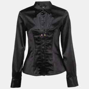 Pre Owned Roberto Cavalli Black Stretch Satin Pleat Detail Full Sleeve Shirt M
