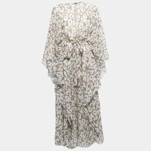 Roberto Cavalli  White Animal Printed Silk Tie Detail Wide-Leg Kaftan Jumpsuit XL 