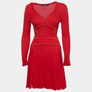 Pre Owned Roberto Cavalli Red Patterned Knit Long Sleeve Flared Short Dress S