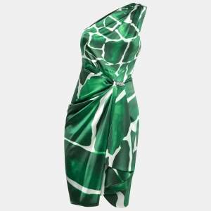 Pre Owned Roberto Cavalli Green Printed Satin Silk Faux Wrap One Shoulder Mini Dress M