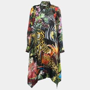 Pre Owned Roberto Cavalli Multicolor Printed Silk Asymmetric Hem Shirt Dress M