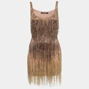 Pre Owned Roberto Cavalli Ombre Gold Beads Embellished Silk Sleeveless Mini Dress S