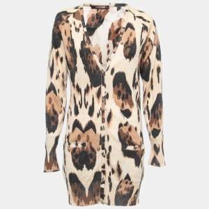 Roberto Cavalli Beige Animal Print Cashmere Button Front Long Cardigan M