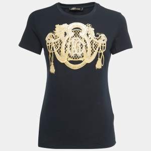 Pre Owned Roberto Cavalli Black Embroidered Cotton Crew Neck T-Shirt M