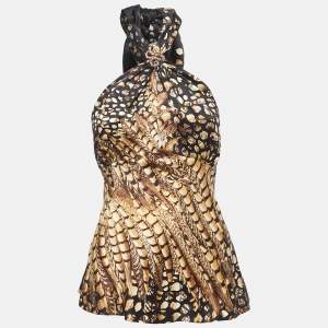 Pre Owned Roberto Cavalli Black Printed Silk Satin Halter Neck Top L