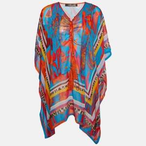 Pre Owned Roberto Cavalli Multicolor Printed Silk Sheer Kaftan Top L