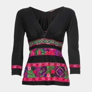 Roberto Cavalli Black Floral Printed Jersey V-Neck Top S