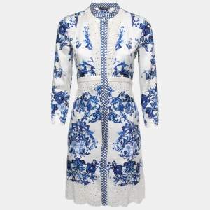 Roberto Cavalli White/Blue Floral Printed Silk Lace Trimmed Mini Dress S
