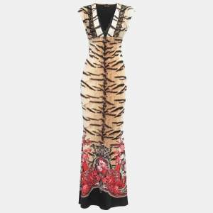 Pre Owned Roberto Cavalli Brown/Black Animal Print Jersey Lace Trimmed Plunge Neck Maxi Dress M