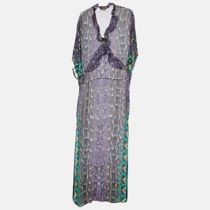 Roberto Cavalli Multicolor Printed Silk Ruffle Detail Maxi Dress S
