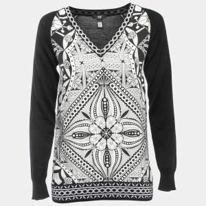 Class by Roberto Cavalli Black Wool & Printed Silk V-Neck Sweater S 