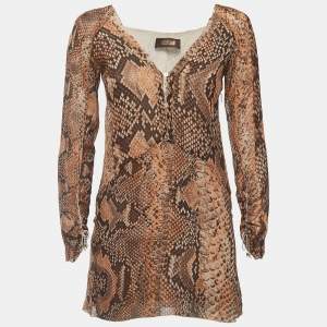 Pre Owned Roberto Cavalli Brown Snake Print Silk Long Sleeve Flared Mini Dress M