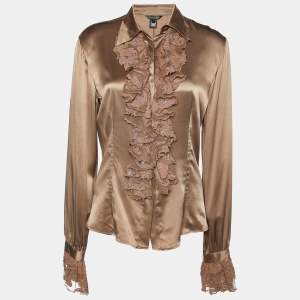Pre Owned Roberto Cavalli Brown Satin & Lace Trim Shirt M